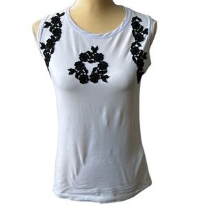 Flavio Castellani Tank Tee Shirt White Floral Applique Crew Neck Lace Size Med
